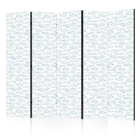 Paravento - Blue Fish - Blue Outlines of Various Fish Species on a White-Blue Background
