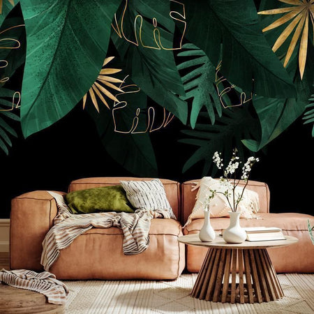 Carta da parati - Jungle and composition - motif of green and golden leaves on a black background