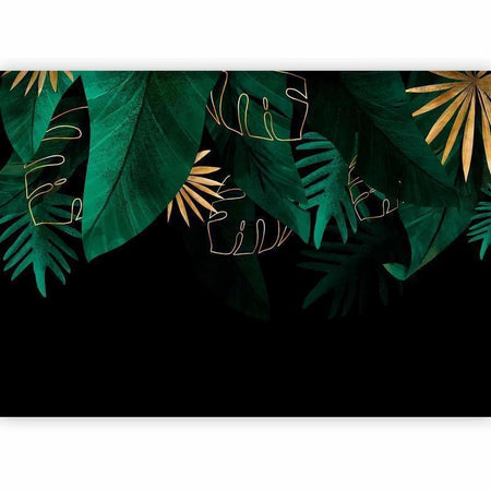 Carta da parati - Jungle and composition - motif of green and golden leaves on a black background
