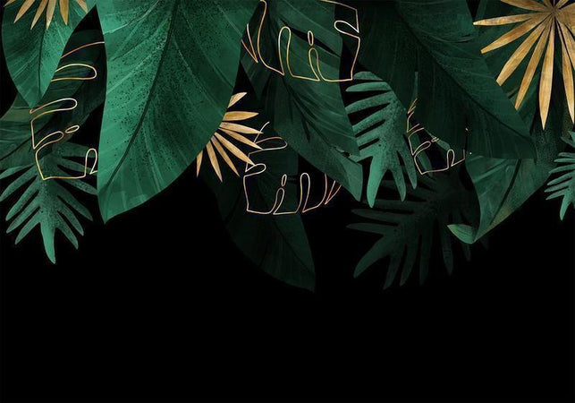 Carta da parati - Jungle and composition - motif of green and golden leaves on a black background