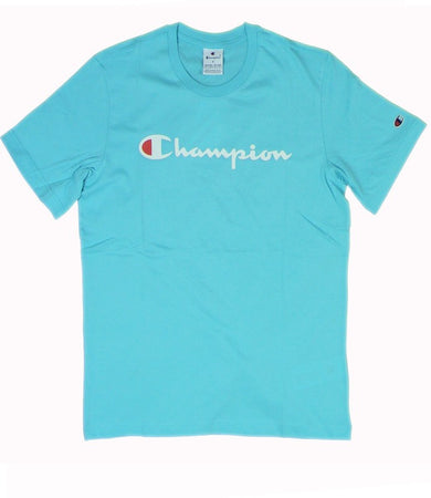 Champion TEE Light Cotton Jersey Uomo Logo Grande Cotone Celeste