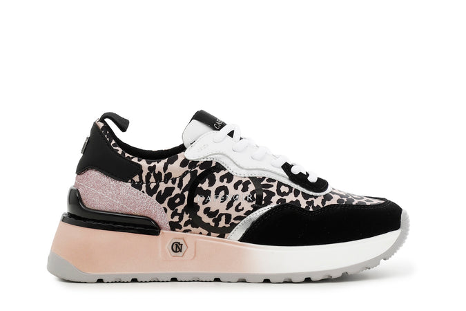 SNEAKERS ALLACCIATA IN PELLE SCAMOSCIATAE TESSUTO LEOPARDATO