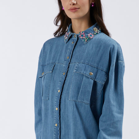 CAMICIA IN TELA DENIM CON COLLETTO RICAMATO