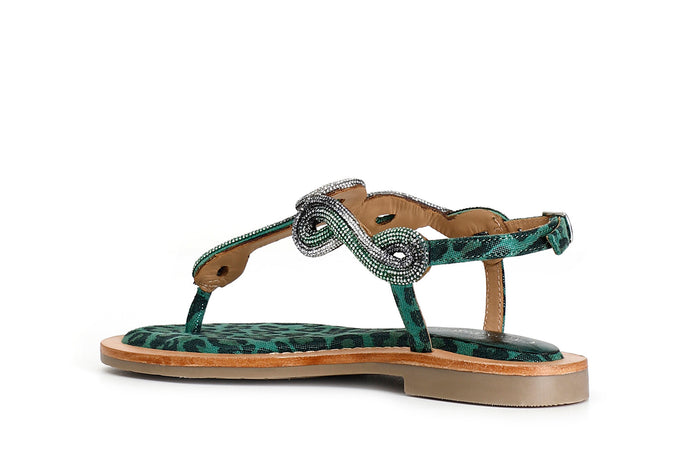 SANDALO INFRADITO IN CAMOSCIO E STAMPA MACULATA CON ACCESSORIO STRASS
