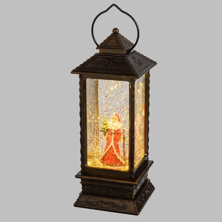 Palla di vetro con neve a forma di Lanterna natalizia con babbo natale a led h 27 cm