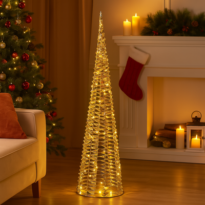 Albero decorativo cono color oro con luci led bianco caldo per decorazione natalizia