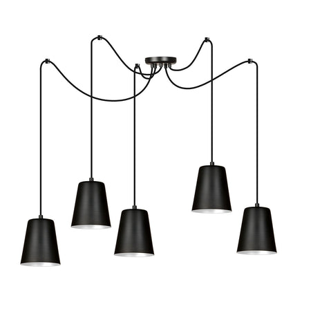 Lampadario 5 Luci Link In Acciaio Nero Cavo Lungo E Paralumi Cono Nero E Bianco