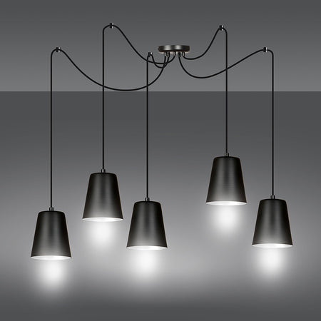 Lampadario 5 Luci Link In Acciaio Nero Cavo Lungo E Paralumi Cono Nero E Bianco