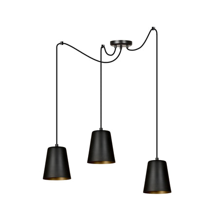 Lampadario 3 Luci Link In Acciaio Nero Cavo Lungo E Paralumi Cono Nero E Oro