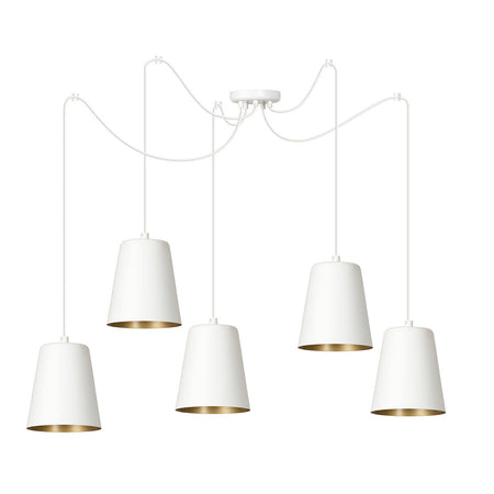 Lampadario 5 Luci Link In Acciaio Cavo Lungo E Paralumi Cono Bianco E Oro