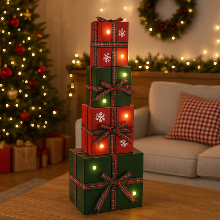 Composizione regali di natale in metallo con luci a batteria per decorazioni natalizie