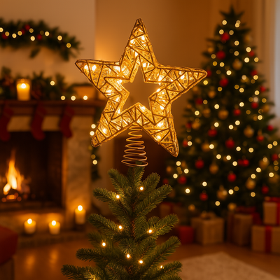 Puntale decorativo stella con luci Led color oro per decorazione natalizia