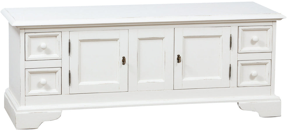 Biscottini Mobile porta tv Country in legno massello di tiglio finitura bianca anticata L150xPR51xH56 cm. Made in Italy