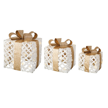Set 3 pacchi regalo in resina luminoso color bianco e oro per uso interno ed esterno