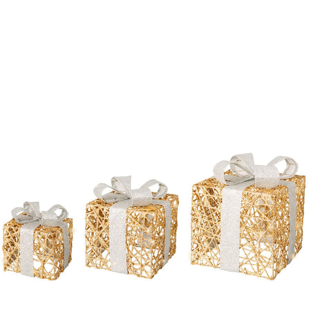 Set 3 pacchi regalo in resina luminoso color oro e bianco per uso interno ed esterno