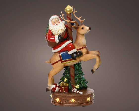 Statuetta di Babbo Natale con renna in poliresina con Led, decorazione per interno , h 33.5 cm