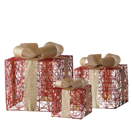 Set 3 pacchi regalo luminoso con stelle color oro e rosso per uso interno ed esterno