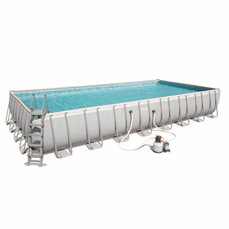 Piscina rettangolare 956 x 488 cm h132 con filtro a sabbia e scaletta da giardino e veranda