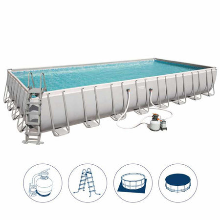 Piscina rettangolare 956 x 488 cm h132 con filtro a sabbia e scaletta da giardino e veranda