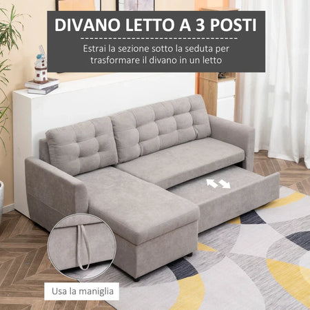 Divano Letto Angolare 3 Posti con Chaise Longue Contenitore in Tessuto, 217x134x85cm, Grigio 839-194