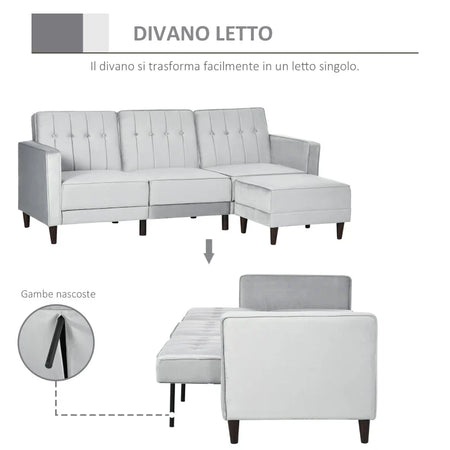 Divano Letto 3 Posti con Poggiapiedi e Schienale Reclinabile, Rivestimento Velluto e Seduta Imbottita, 218x85x86 cm, Grigio Chiaro 839-070V00LG