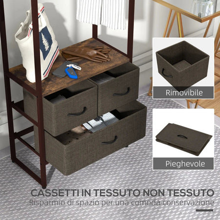 Appendiabiti da Terra con Asta, 3 Cassetti e Ripiani, in Legno MDF e Acciaio, 58.5x30x178 cm, Marrone JH3850-296V00RBJH3