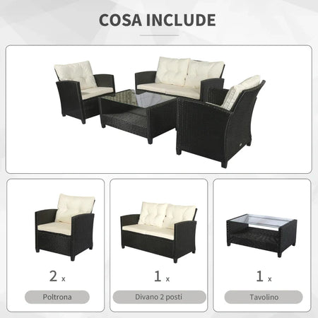 Set Mobili da Giardino 4 Pezzi in Rattan PE e Tavolino, Divano e Poltrone Imbottiti Nero e Beige 124x68x76cm 860-117CW