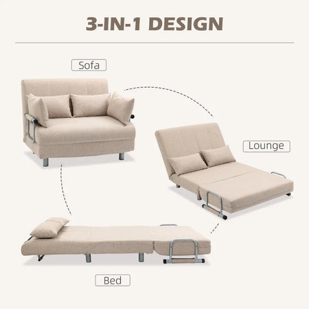Divano Letto 2 Posti 3 in 1 Convertibile in Poltrona Reclinabile con Schienale Regolabile e 4 Cuscini Imbottiti, 102x82x81 cm, Beige DY2833-079D22