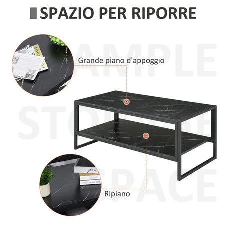 Tavolino Caffè Nero Effetto Marmo Ufficio 106x50x46 FT2833-821BK , soggiorno salotto basso nero bianco marrone grgio design moderno sala moderno alto divano camera legno vetro rotondo