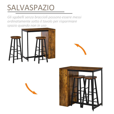 Set Bancone Bar con 2 Sgabelli Alti Stile Industriale con Mensole, Marrone Rustico YT9835-489YT9
