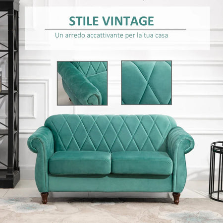 Divano 2 Posti in Legno e Velluto Verde, Spessa Imbottitura, Divano per 2 Persone Design Vintage Rétro, 148 x 72 x 76cm DY2833-847D2D