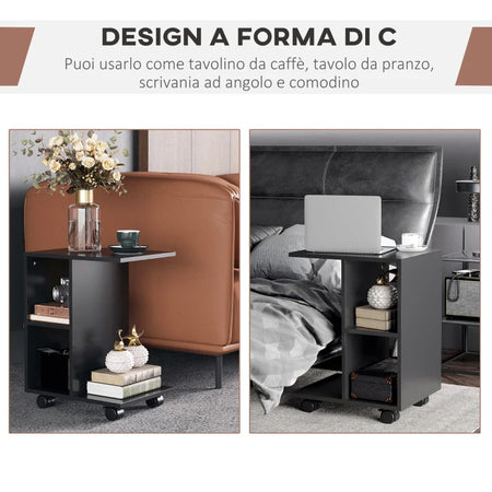 Tavolino da Salotto Ruote Girevoli 45x36x58 Nero FG6833-779BKFG6 , soggiorno salotto basso nero bianco marrone grgio design moderno sala moderno alto divano camera legno vetro rotondo