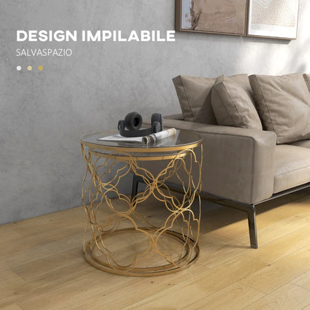 Set 2 x Tavolino da Salotto vetro e acciaio , colroe Oro TG6833-675TG6 , soggiorno salotto basso nero bianco marrone grgio design moderno sala moderno alto divano camera legno vetro rotondo