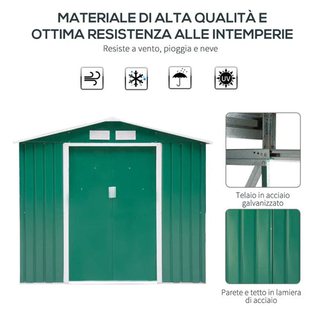 Casetta da Giardino Porta Utensili in Lamiera con Porte Scorrevoli, 213x130x185cm, Verde ER8845-030GNER8