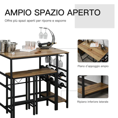 Set Tavolo 2 Sgabelli Alti da Bar in Legno Isola Cucina con Portabottiglie e Portabicchieri in Stile Industriale YU9835-215YU9