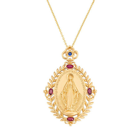 Amen - Collana Medaglia Miracolosa Dorata con Zirconi Bianchi, Rossi e Blu