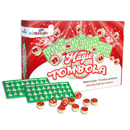Gioco da tavolo tombola magica, cartelle con segnalini scorrevoli e numeri in legno