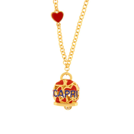 BYSIMON - Collana in Metallo con campanella rossa impreziosita da cuori e scritta capri