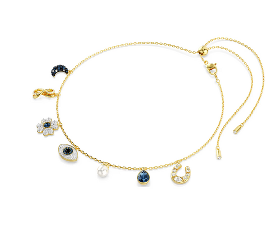 SWAROVSKI - Collana Girocollo Symbolica Luna, infinito, quadrifoglio, evil eye e ferro di cavallo, Blu, Placcato color oro