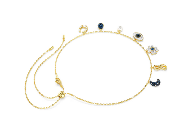 SWAROVSKI - Collana Girocollo Symbolica Luna, infinito, quadrifoglio, evil eye e ferro di cavallo, Blu, Placcato color oro