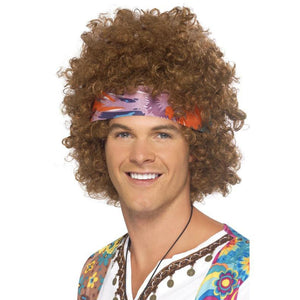Maschera da uomo hippie parrucca capelli ricci con bandana colorata per carnevale