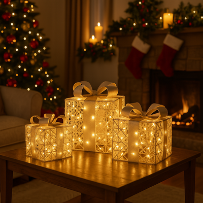 Pacchi regalo color argento con luci Led per decorazione natalizia set da 3