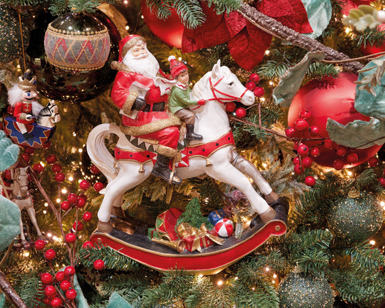 Statuetta decorativa Babbo natale con cavalluccio decorazione natalizia in resina da 34 cm