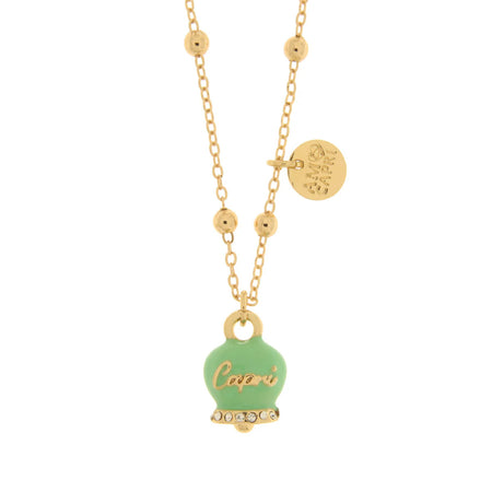 BYSIMON - Collana in Metallo con campanella verde acqua scritta capri