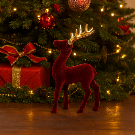 Renna decorativa bordeaux in plastica floccata per decorazione natalizia