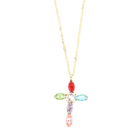 BYSIMON - Collana in Argento 925 croce impreziosita da cristalli multicolore e punto luce di cristallo bianco centrale