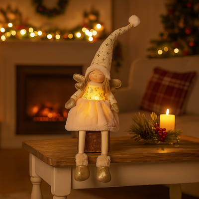 Angelo in tessuto con luci Led color oro per decorazioni natalizie h 69 cm