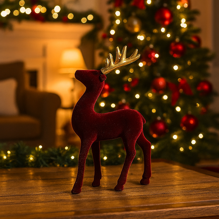 Renna decorativa bordeaux in plastica floccata per decorazione natalizia