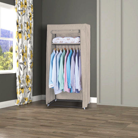 Armadio in Tessuto Struttura Metallo Guardaroba Pieghevole Asta Appendiabiti Ecrù