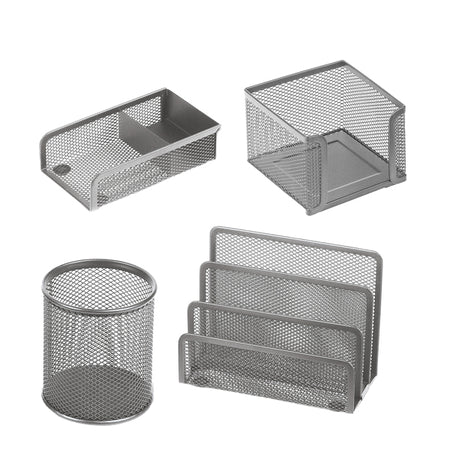 Set Scrivania 4 Accessori In Rete Metallica Argento 1424 Lebez